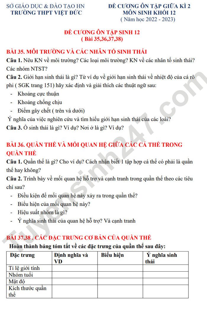 De cuong on tap giua ki 2 mon Sinh lop 12 THPT Viet Duc 2023