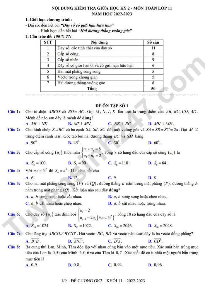 De cuong giua ki 2 mon Toan lop 11 THPT Viet Duc 2023