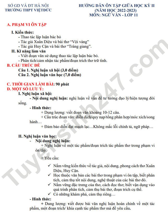 De cuong on tap giua ki 2 lop 11 mon Van 2023 THPT Viet Duc