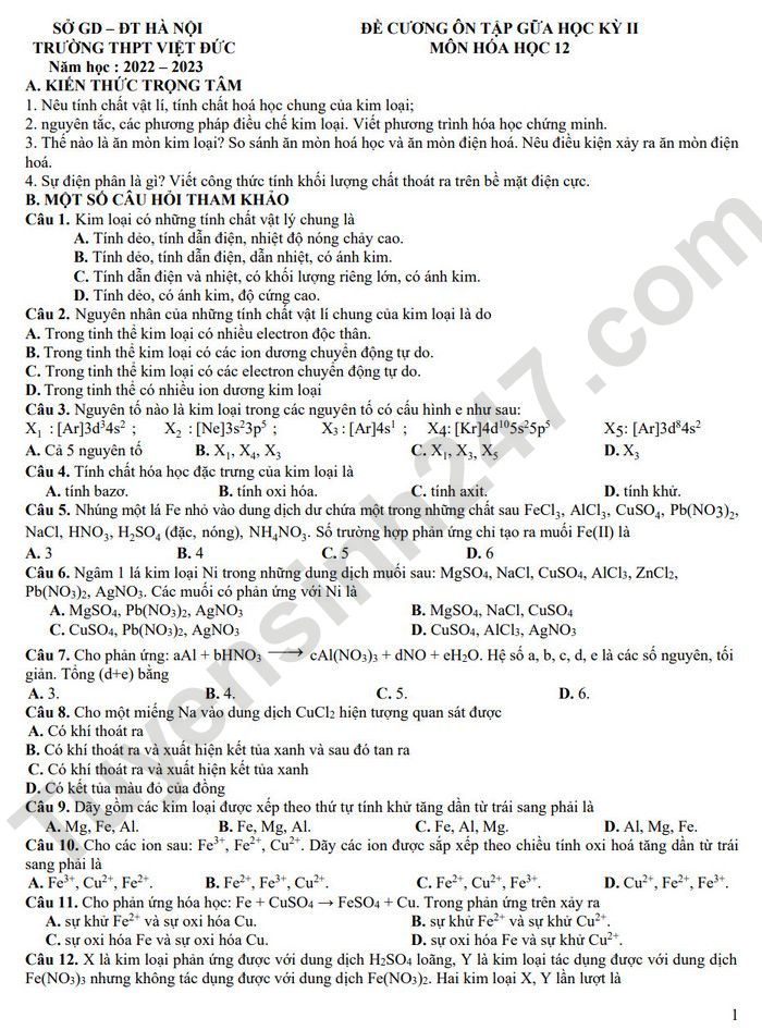 De cuong giua ki 2 mon Hoa lop 12 THPT Viet Duc 2023