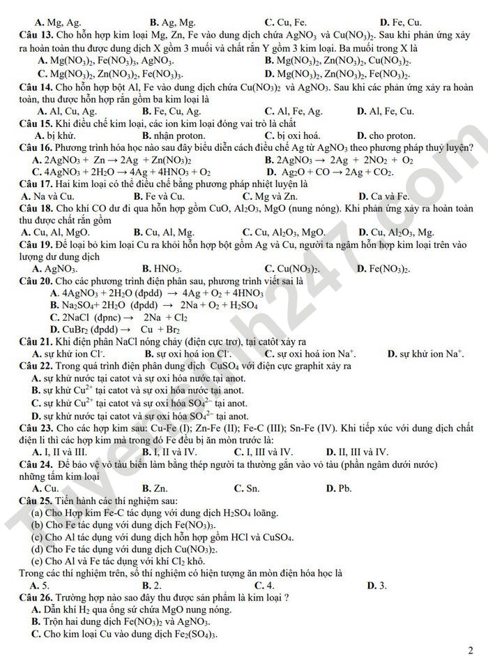 De cuong giua ki 2 mon Hoa lop 12 THPT Viet Duc 2023