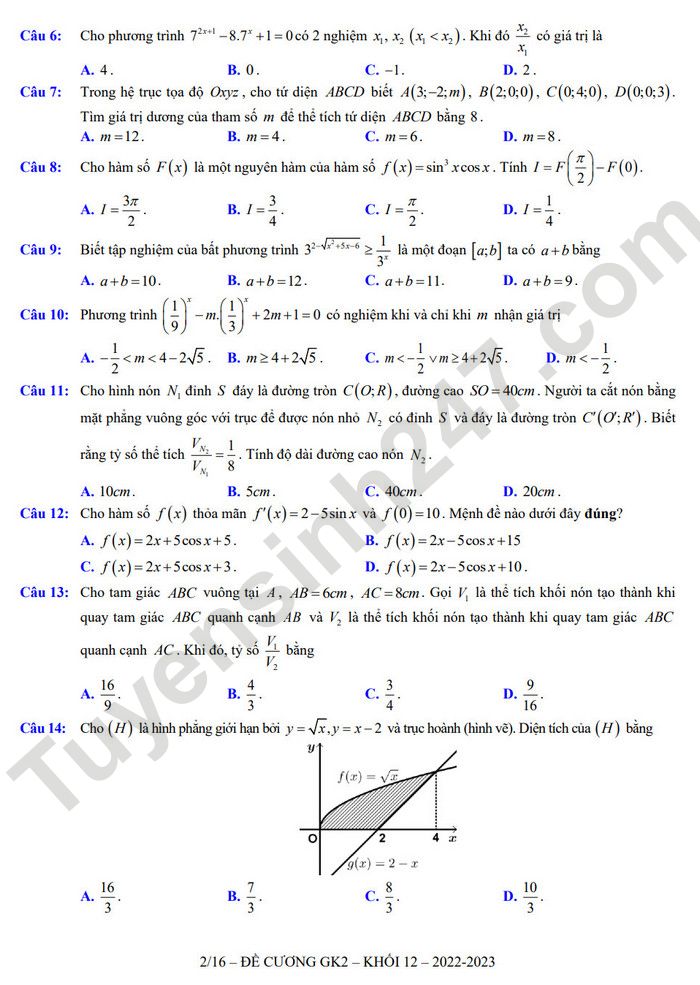 De cuong on tap giua ki 2 lop 12 mon Toan THPT Viet Duc 2023