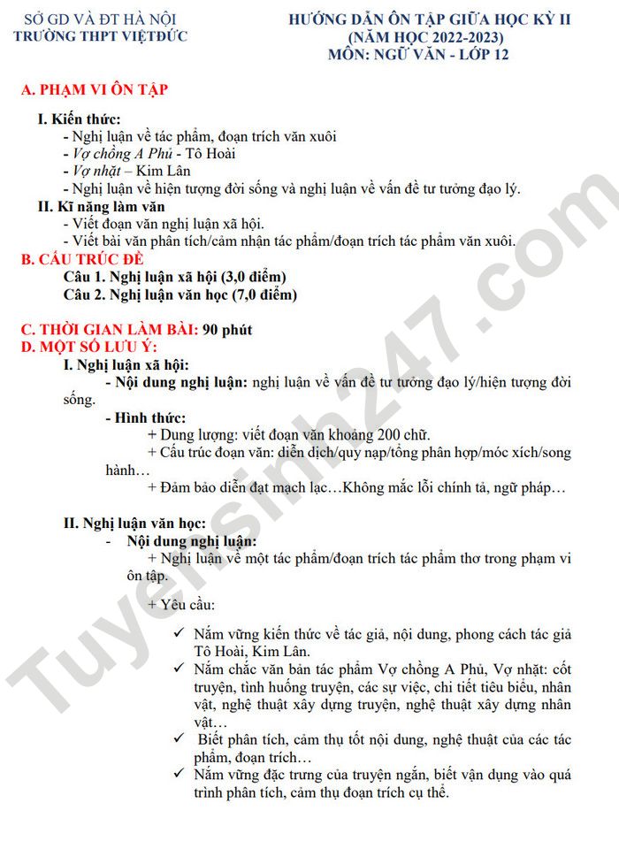 De cuong giua hoc ki 2 lop 12 nam 2023 mon Van - THPT Viet Duc