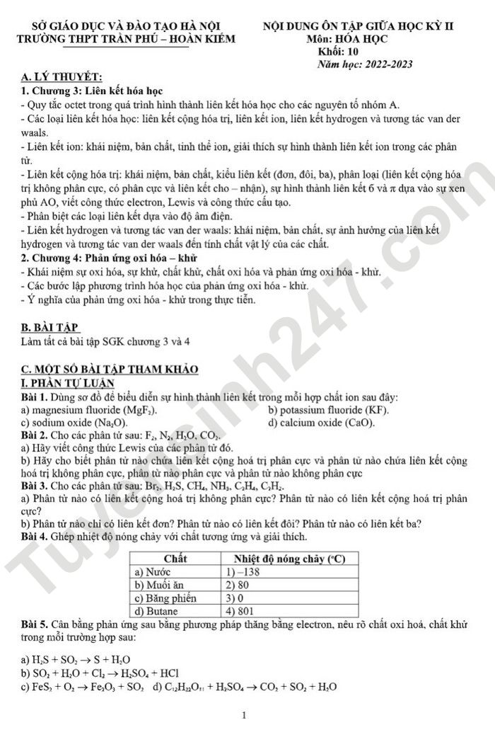 De cuong giua ki 2 mon Hoa lop 10 nam 2023 - THPT Tran Phu