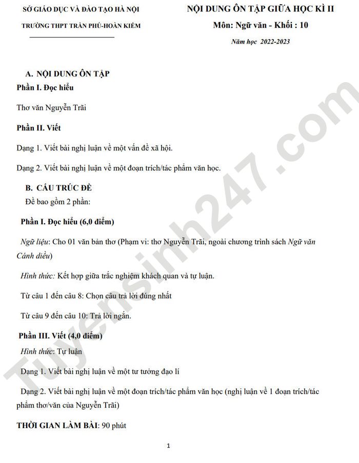 De cuong giua ki 2 lop 10 mon Van nam 2023 THPT Tran Phu