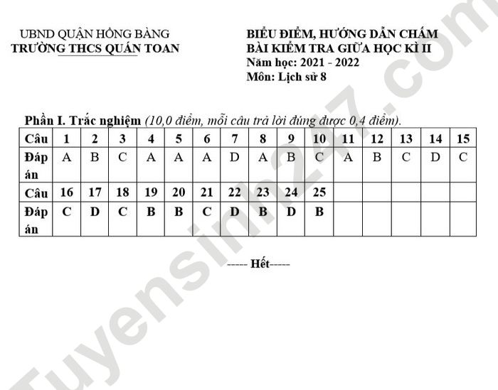 De thi GK 2 lop 8 mon Su 2022 THCS Quan Toan (Co dap an)