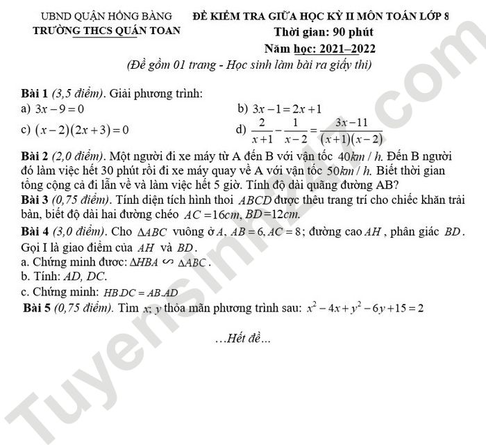 De thi giua ki 2 mon Toan lop 8 THCS Quan Toan 2022 (Co dap an)