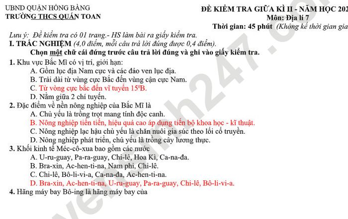 De thi GK 2 lop 7 mon Dia THCS Quan Toan 2022 (Co dap an)