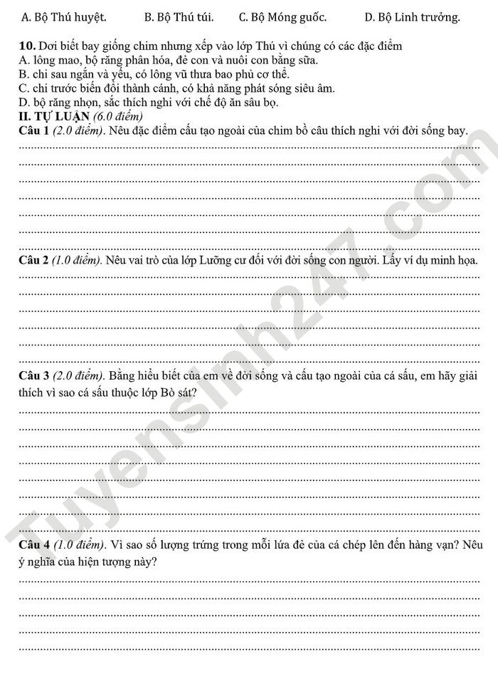 De kiem tra giua ki 2 mon Sinh lop 7 2022 THCS Quan Toan (Co dap an)