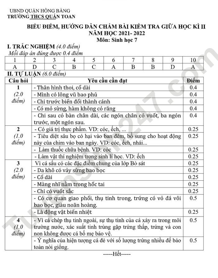 De kiem tra giua ki 2 mon Sinh lop 7 2022 THCS Quan Toan (Co dap an)