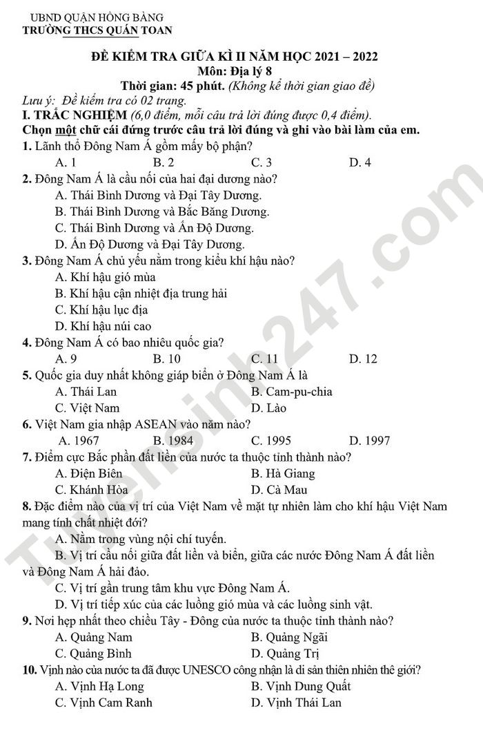 De thi giua ki 2 lop 8 mon Dia 2022 THCS Quan Toan