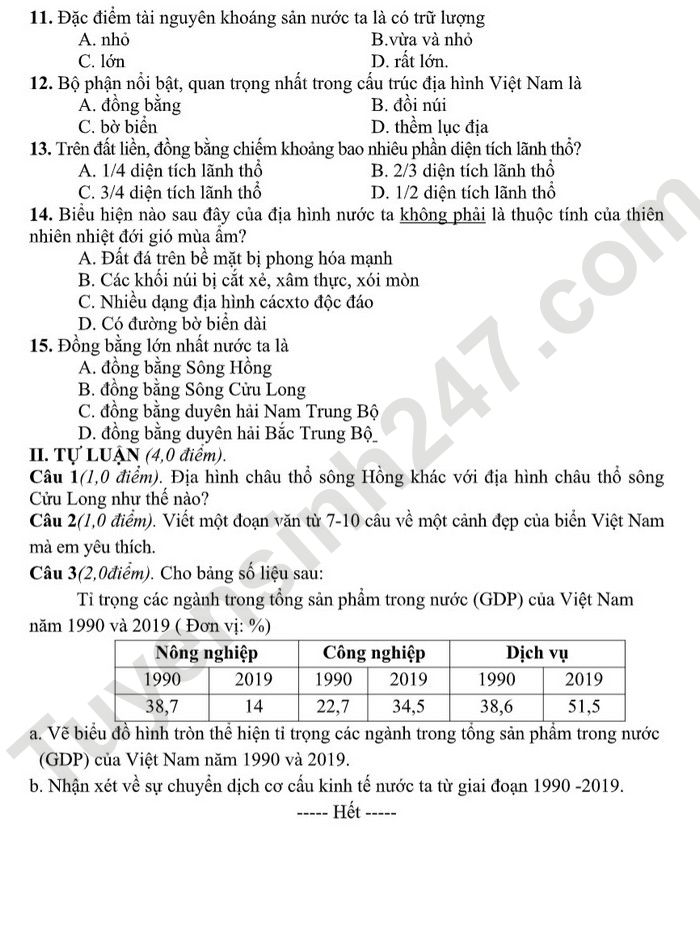 De thi giua ki 2 lop 8 mon Dia 2022 THCS Quan Toan