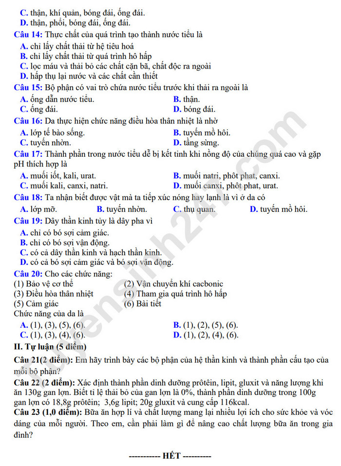 De thi giua ki 2 lop 8 mon Sinh 2022 - THCS Gia Thuy