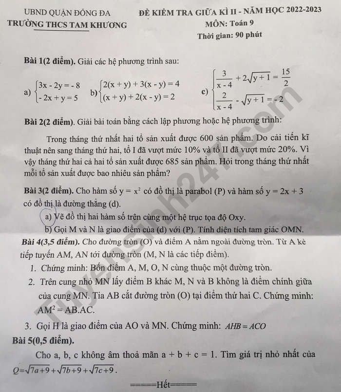 De thi giua ki 2 mon Toan lop 9 nam 2023 - THCS Tam Khuong