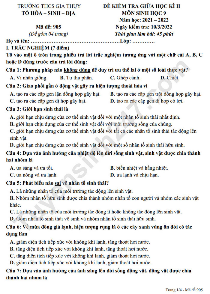 De thi giua ki 2 mon Sinh lop 9 nam 2022 - THCS Gia Thuy