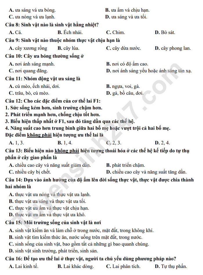 De thi giua ki 2 mon Sinh lop 9 nam 2022 - THCS Gia Thuy