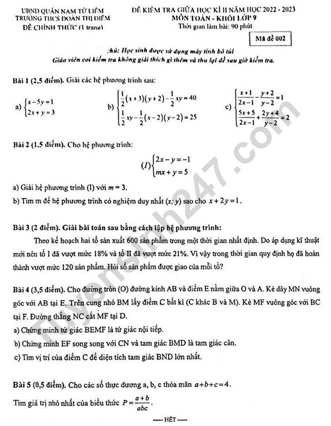 De thi giua ki 2 lop 9 mon Toan 2023 - THCS Doan Thi Diem