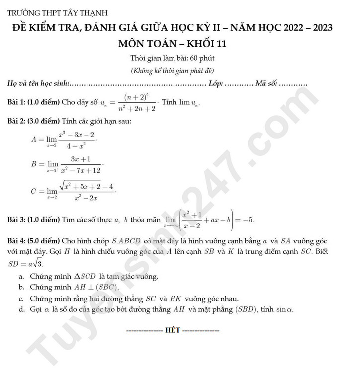 De kiem tra giua ki 2 lop 11 mon Toan THPT Tay Thanh 2023