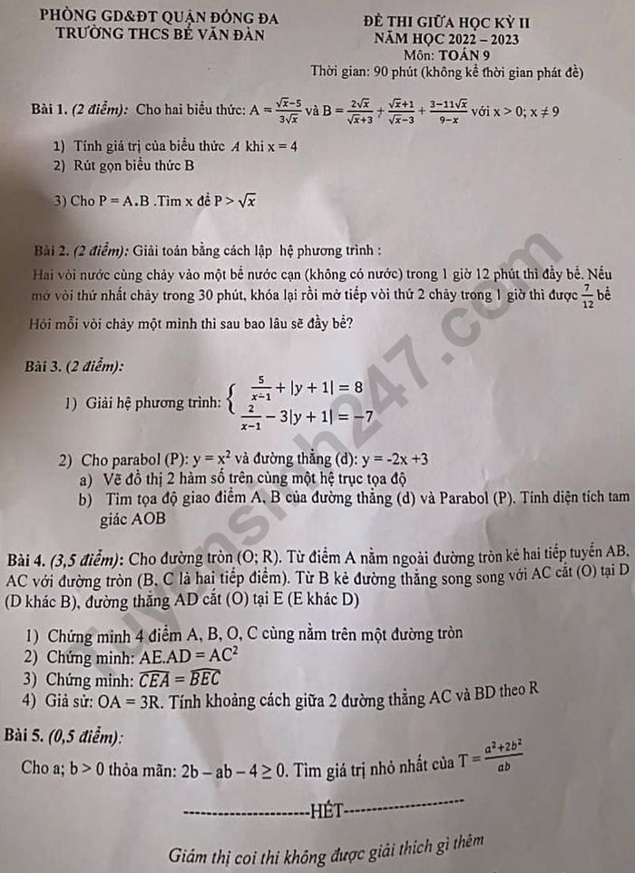 De thi giua ki 2 mon Toan lop 9 - THCS Be Van Dan 2023