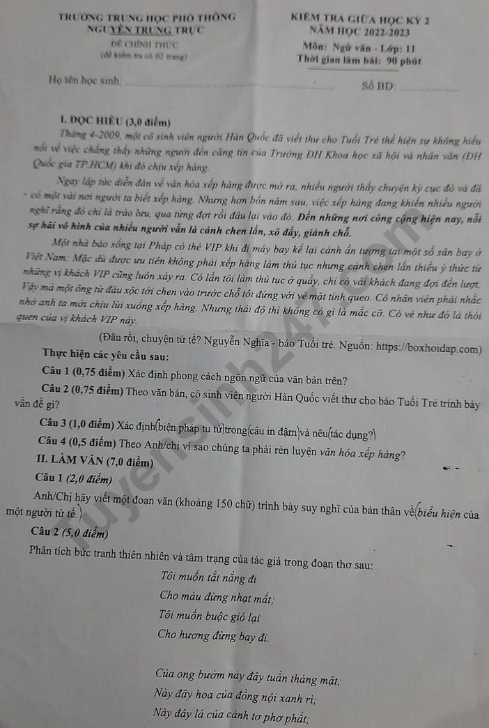 De kiem tra giua ki 2 lop 11 mon Van 2023 - THPT Nguyen Trung Truc