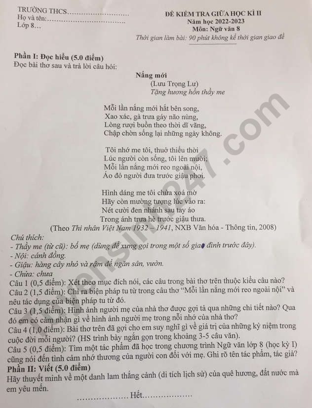De thi giua ki 2 mon Van lop 8 nam 2023 - Hoai Duc
