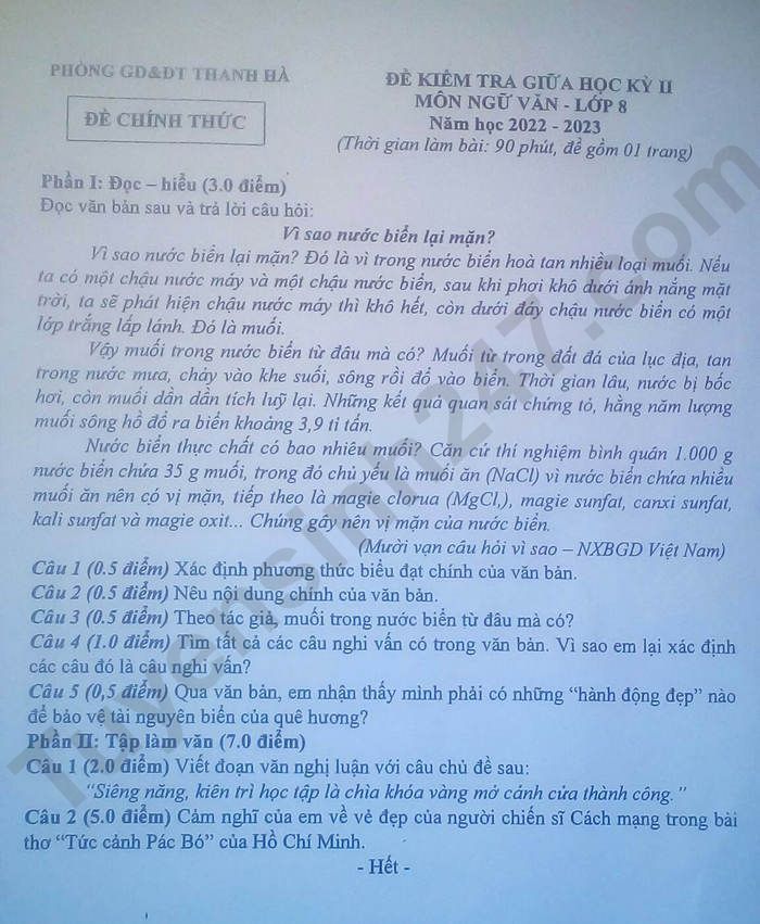 De thi giua ki 2 nam 2023 mon Van lop 8 - Huyen Thanh Ha