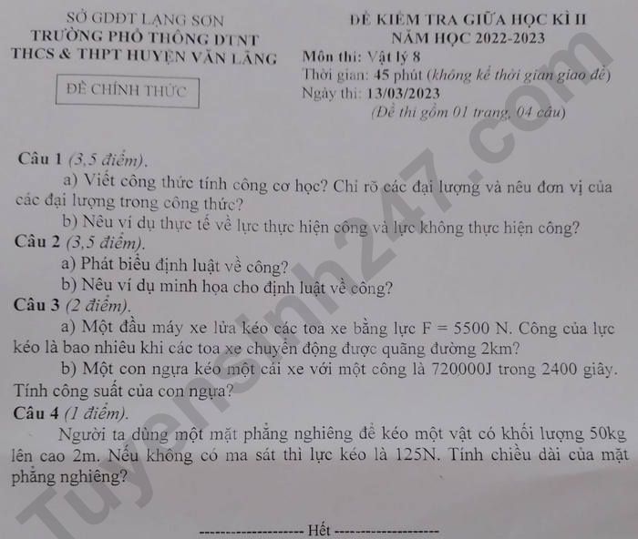 De thi giua ki 2 mon Ly lop 8 - PTDTNT THCS&THPT Huyen Van Lang 2023