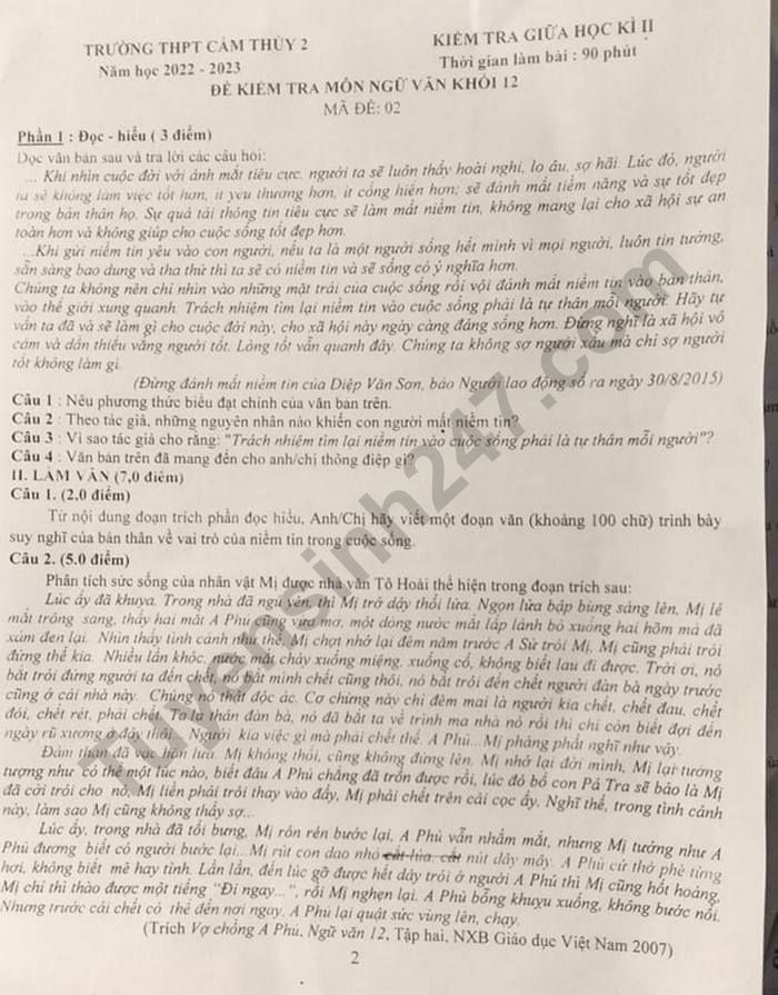 De thi giua ki 2 lop 12 mon Van nam 2023 - THPT Cam Thuy 2