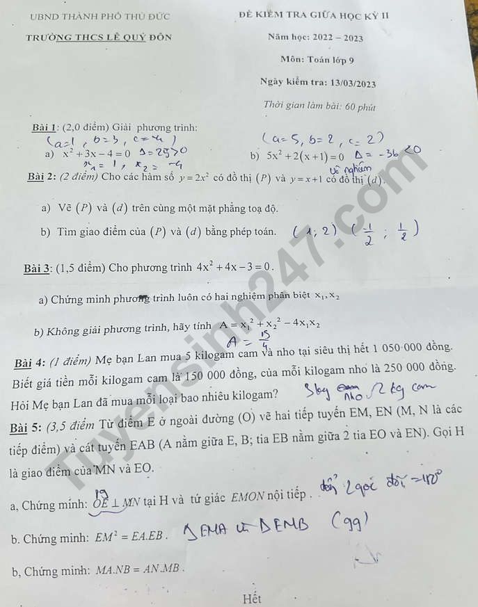 De thi giua ki 2 lop 9 mon Toan 2023 - THCS Le Quy Don