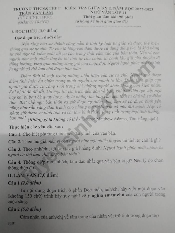De giua ki 2 lop 11 nam 2023 mon Van - THCS & THPT Tran Van Lam