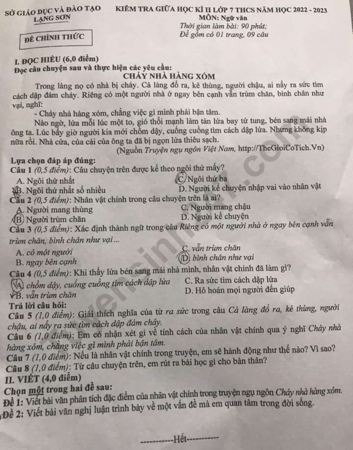 De giua ki 2 mon Van lop 7 nam 2023 - So GD Lang Son