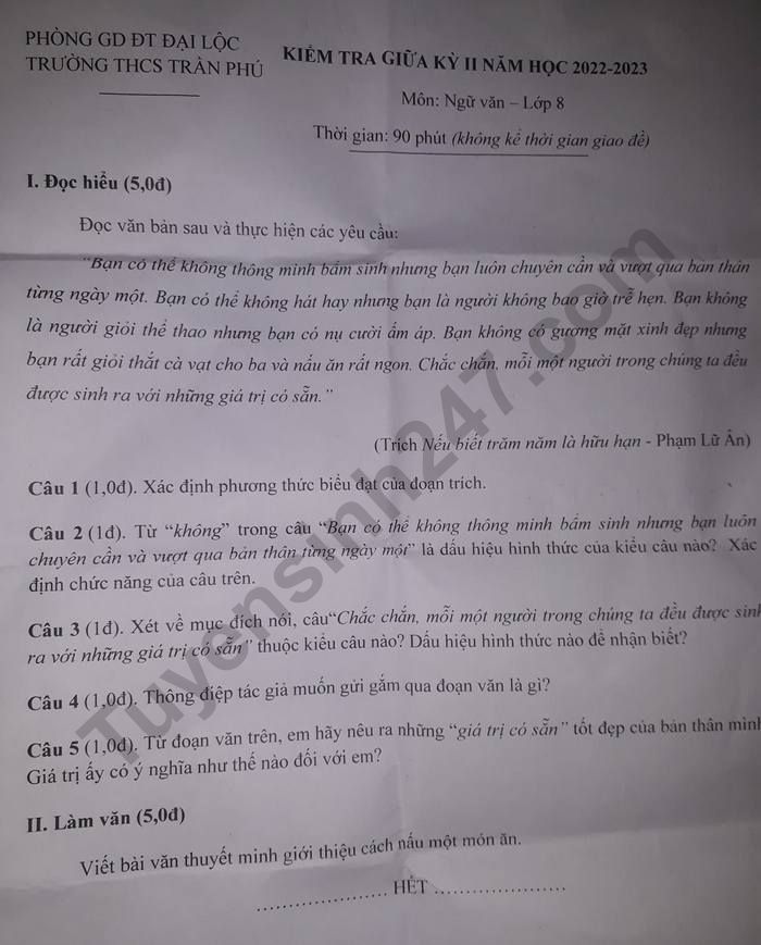 De thi giua hoc ki 2 mon Van lop 8 - THCS Tran Phu nam 2023