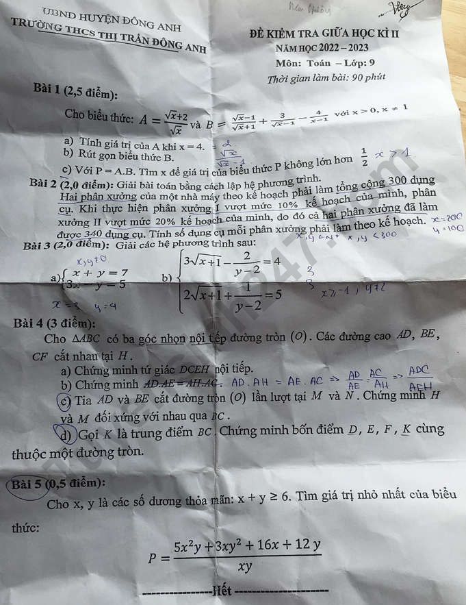 De giua ki 2 lop 9 mon Toan 2023 - THCS TT Dong Anh