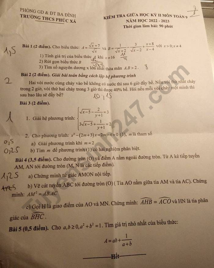 De giua ki 2 lop 9 nam 2023 mon Toan - THCS Phuc Xa