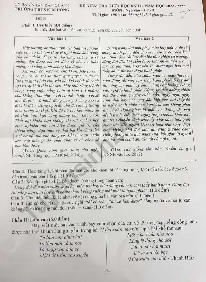 De thi giua ki 2 lop 9 mon Van nam 2023 - THCS Kim Dong