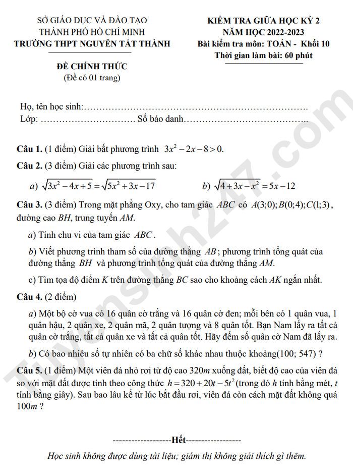 De thi giua ki 2 mon Toan lop 10 - THPT Nguyen Tat Thanh 2023