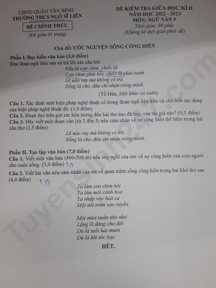 De giua ki 2 lop 9 nam 2023 mon Van THCS Ngo Si Lien