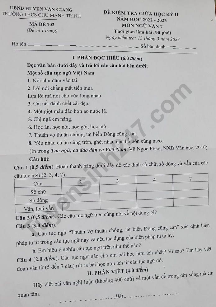 De giua ki 2 lop 7 mon Van 2023 - THCS Chu Manh Trinh