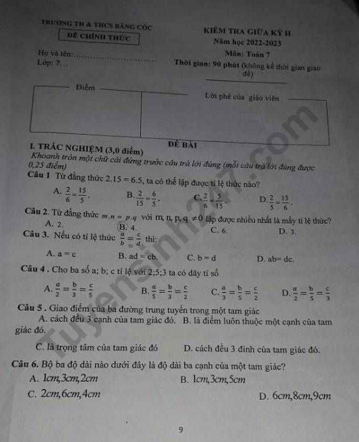De giua ki 2 lop 7 nam 2023 mon Toan - TH & THCS Bang Coc