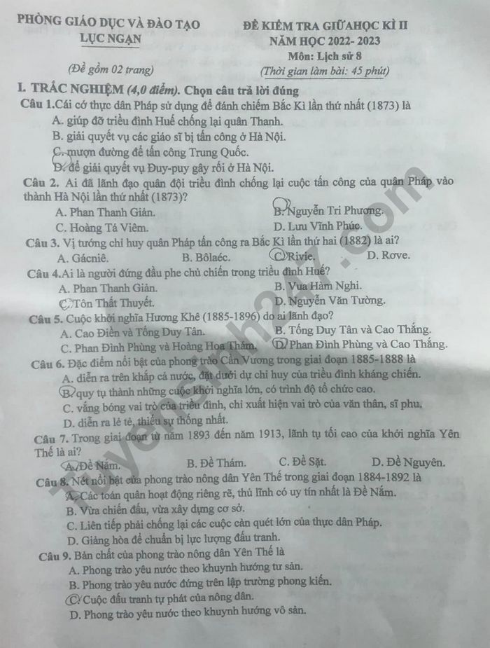 De thi giua ki 2 lop 8 mon Su nam 2023 - Phong GD Luc Ngan