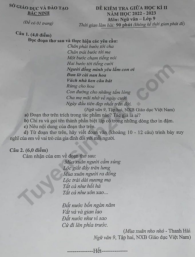 De thi giua ki 2 mon Van lop 9 - So GD Bac Ninh 2023