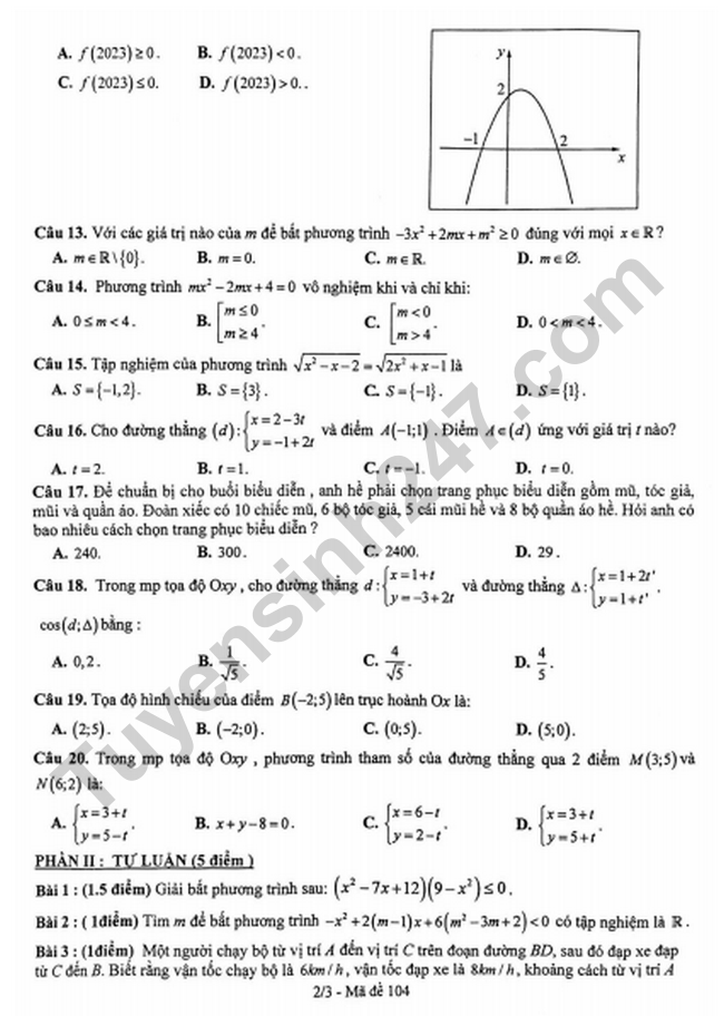 De giua ki 2 lop 10 nam 2023 mon Toan - THPT Tran Phu