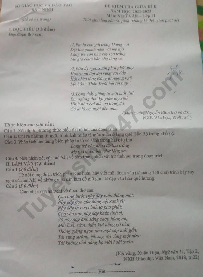 De giua hoc ki 2 lop 11 mon Van 2023 - So GD Bac Ninh