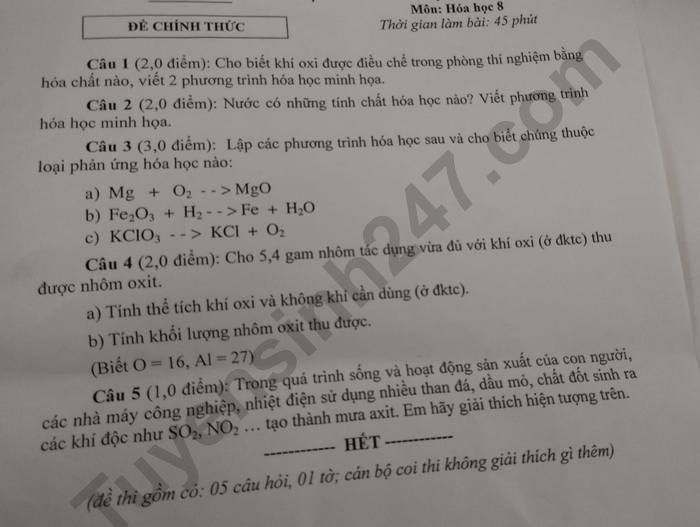 De giua ki 2 lop 8 nam 2023 mon Hoa