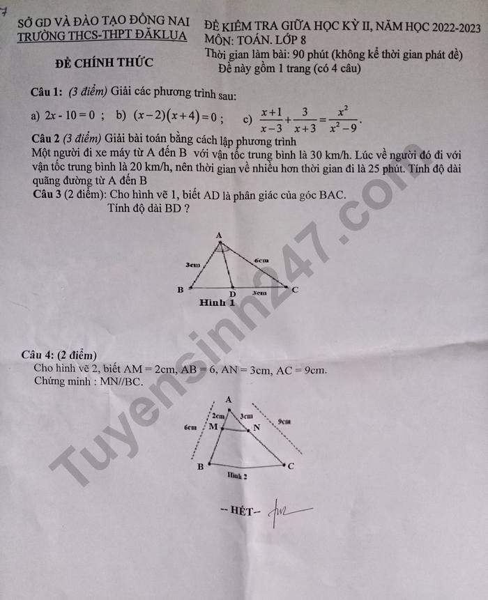 De thi GK 2 lop 8 mon Toan nam 2023 - THCS & THPT DakLua