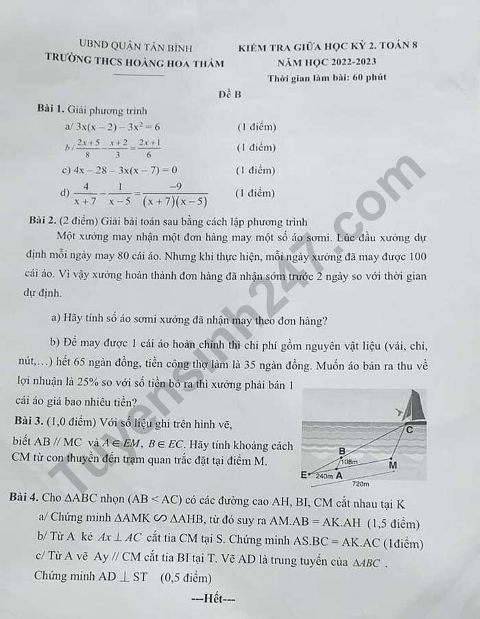 De giua ki 2 lop 8 nam 2023 mon Toan - THCS Hoang Hoa Tham