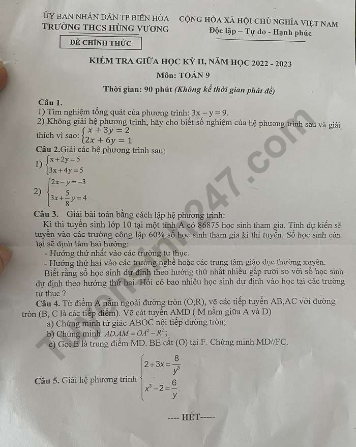De thi GK 2 lop 9 mon Toan nam 2023 - THCS Hung Vuong