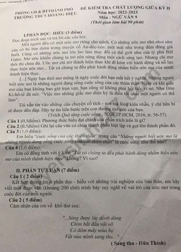 De kiem tra giua ki 2 lop 9 mon Van nam 2023 - THCS Hoang Dieu