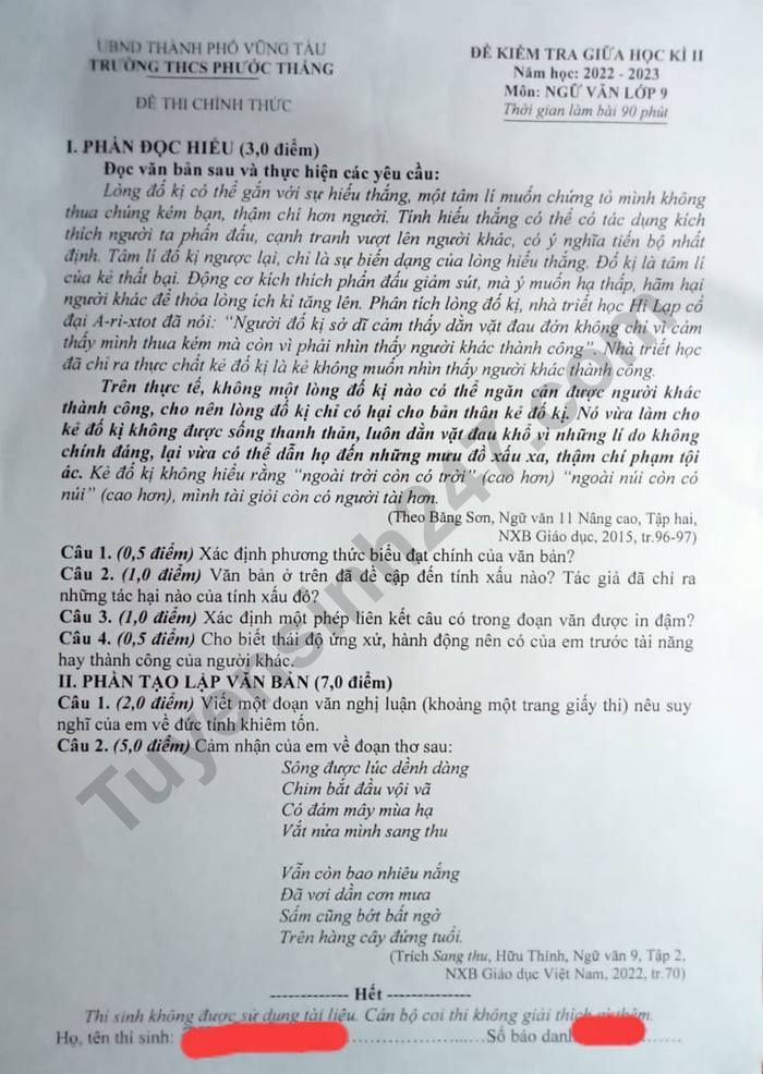 De thi GK 2 lop 9 mon Van nam 2023 - THCS Phuoc Thang