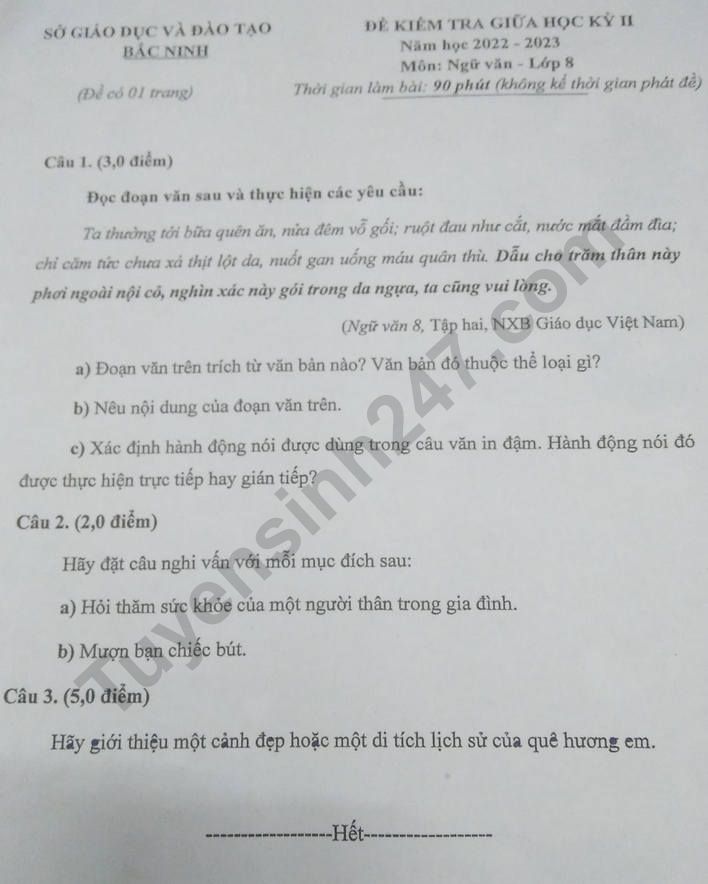 De thi giua hoc ki 2 lop 8 mon Van 2023 - So GD Bac Ninh